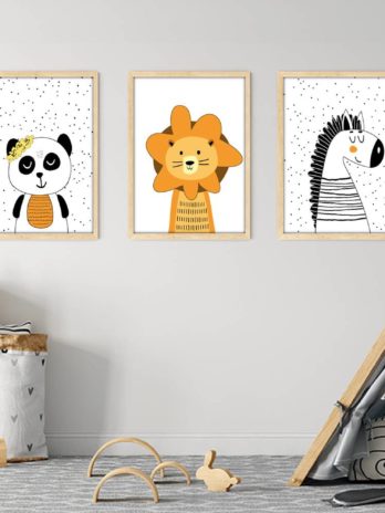 Zestaw obrazków do pokoju dziecka Panda, Lew i Zebra